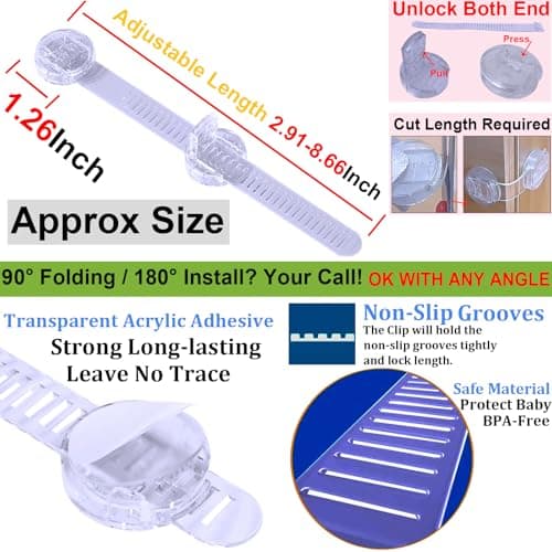 Bstsilver 6 Pack Adhesive Straps Locks Baby Proofing for Drawers Fridge Dishwasher Toilet Seat Cupboard Oven Freezer Trash Can, Cabinet Latches Adjustable for Toddlers Cats Dogs, No Drill, Transparent - Thumbnail 2