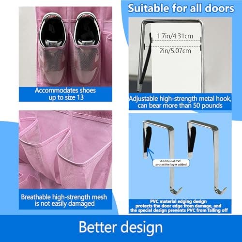 zebricolo over the door shoe organizer,2025 upgraded,35 Huge pockets,over door shoe organizer,Store size 13 shoes,shoe organizer,Strong material,hooks Suitable for various doors,pink shoe rack - Thumbnail 4