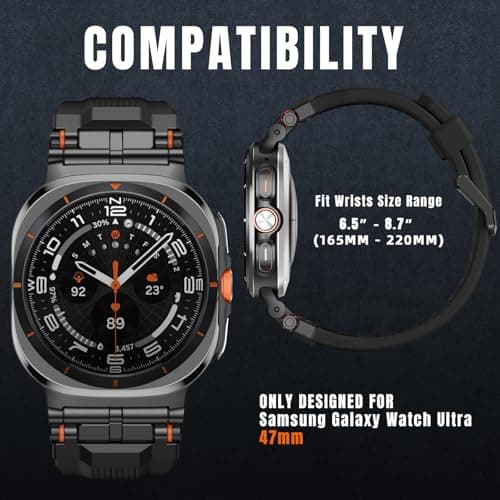 Bandletic Liquid Silicone Bands Compatible with Samsung Galaxy Watch Ultra Band 2025 2024 47mm for Men - Soft Rugged Sport Strap with Stainless Steel Buckle - Black Band with Black Connector - Thumbnail 6
