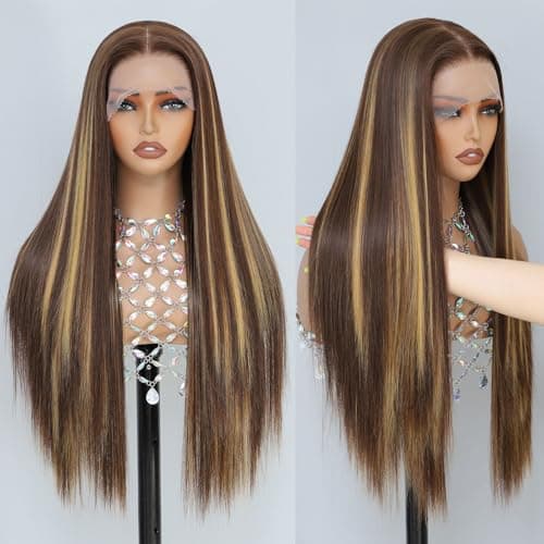 Barbique Synthetic Lace Front Wig, Honey Blonde Wig 13x6 Hd Lace Pre-Plucked Long Straight Highlights Glueless Wigs for Black Women 26 Inch Suitable for Everyday Wear