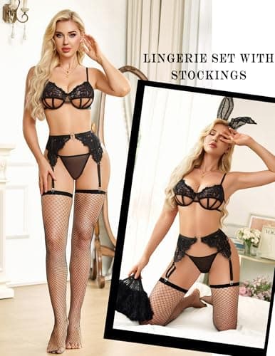 Avidlove Black Garter Lingerie Sets for Women Sexy Underwire Bra and Panty Stockings Hollow Out Lace Lingerie - Thumbnail 4