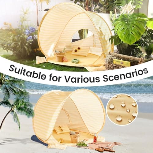 Tiny Land Baby Beach Tent – Pop Up Baby Tent with UV Protection, Portable Baby Beach Essentials, 35.4"x27.6"x31.5" Sun Shelter for Infants, Baby Summer Outdoor Use (Pastel Yellow Stripes) - Thumbnail 5
