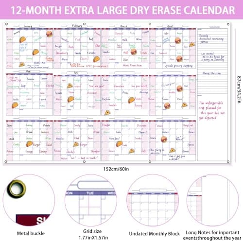 Large Dry Erase Calendar for Wall - 12-Month Undated Wall Calendar Dry Erase, 34" x 60", Reusable Yearly Calendar with Two Markers, Great Layout Dry Erase Wall Calendar for Home School or Office - Thumbnail 2