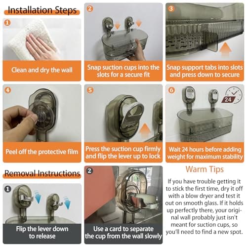 AVOKIHI No-Drill Bathroom Suction Storage Box – Large Capacity & Strong Load-Bearing, Wall Mounted Shower Shelf Caddy, Waterproof Organizer Fits Shampoo Bottles (Transparent) - Thumbnail 4