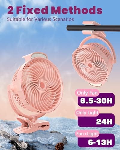 Tenvolti 10000mAh Clip on Fan, 8-Inch Golf Cart Fan Rechargeable with LED Light, 9 Speeds Strong Airflow, Ultra Quiet, 30Hrs Runtime, 360° Rotation, Cooling for Bed Camping Office Desk Dorm, Pink - Thumbnail 5