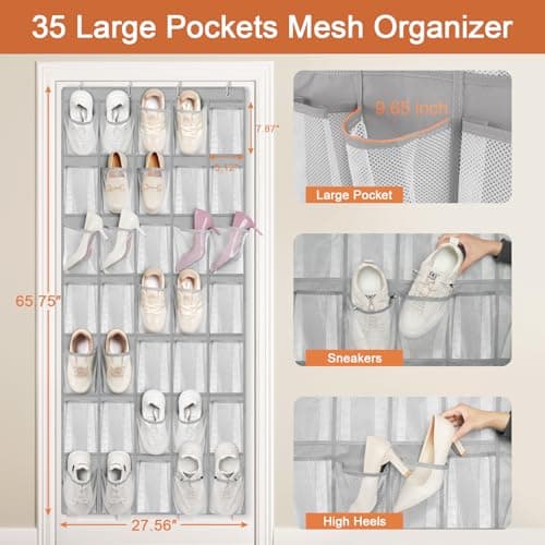 FENTEC 35 Large Pockets Over The Door Shoe Organizer, Mesh Hanging Shoe Organizer Shoe Rack for Closet Mesh Closet Shoe Holder, Over Door Organizer, Shoe Organizer for Wall, Grey, 1 Pack - Thumbnail 6