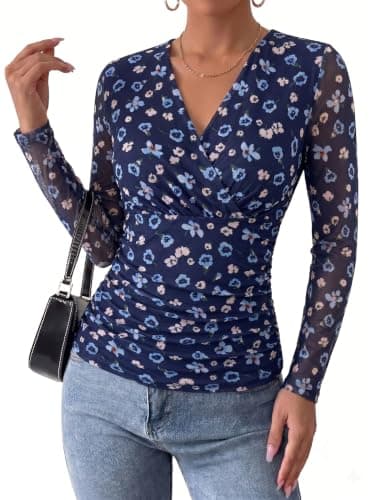 Arolina Womens Mesh Tops Wrap Long Sleeve V Neck 2026 Dressy Blouses - Image 1