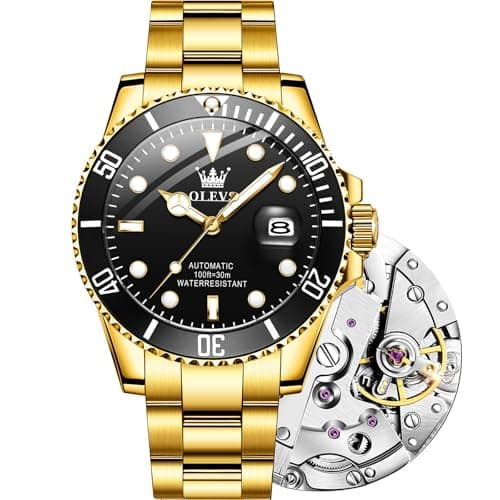OLEVS Watch Men Gold Black Face Luxury Automatic Self Winding Analog Waterproof Wrist Watches for Men Casual Mechanical Luminous Stainless Steel Dress Mens Watches - Image 1