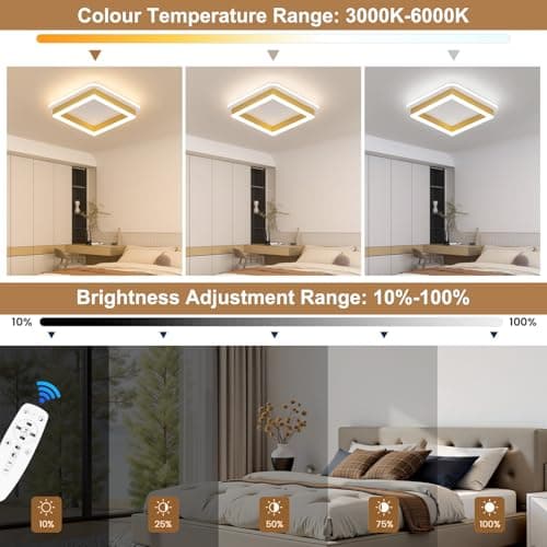 Vloitgol LED Flush Mount Ceiling Light Fixtures, 3000K-6000K Dimmable Hallway Light Fixtures with Remote Control Acrylic Square Ceiling Lamp for Kitchen Laundry Bedroom Bathroom (Gold) - Thumbnail 3