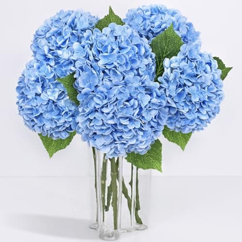 Yastouay 6 Pcs Real Touch Hydrangea Artificial Flowers, 21" Blue Full Faux Hydrangea Flowers Latex Fake Flowers for Home Decor Party Floral Arrangements Wedding Bouquets Centerpieces Outdoor Decor - Image 1
