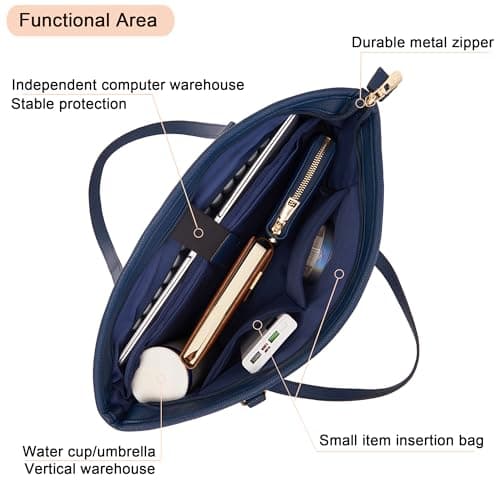 YZAOLL 15.6 Inch Laptop Tote Bag for Women,Water-resistant Vegan Leather with Anti-Scratch Padded Sleeve,Lightweight Multi-Pocket Work Bag for Business Travel,College,Office Essentials,SeaBlue - Thumbnail 6
