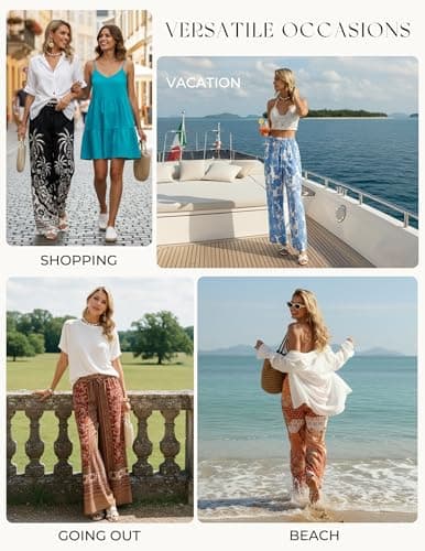 GRACE KARIN Womens Casual Wide Leg Pants, 2026 Summer Palazzo Boho Vacation Pants, High Waist Drawstring Trousers with Pockets Red L - Thumbnail 6