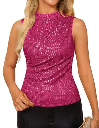 Sparkly Sequin Shimmer Tank Tops for Women Glitter Sleeveless Cami Crop Vest Club Party Top Shirts Rose Red Small - Image 1