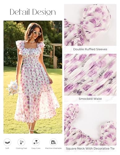 GRACE KARIN 2026 Women's Spring Floral Midi Dress Beach Wedding Guest Dresses Flowy A Line Casual Summer Clothes Purple Floral M - Thumbnail 2