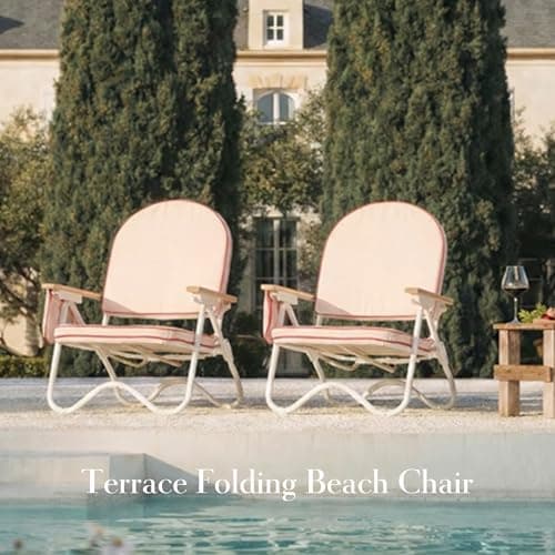 DEER LAND Padded Low Beach Chair, 4-Position Folding Outdoor Chair with Wooden Armrests, Cushioned Seat, Storage Pouch & Carry Strap for Beach, Patio and Lawn, Harbour Rosé Pink - Thumbnail 2