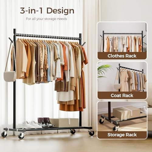 Clothes Rack, Clothing Rack for Hanging Clothes Load 280LBS, Rolling Garment Rack, Portable Coat Rack Freestanding Clothes Rack with Wheels Wardrobe Rack Easy Assembly for Bedroom Living Room, Black - Thumbnail 3