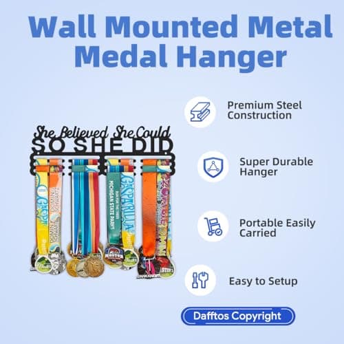 Dafftos Awards She Believed She Could So She Did Medal Display Hanger Holder Bib Ribbon Rack Organizer Awards Ribbon Wall Mount Easy to Assemble Fashion Store 60 Medal Holders for Runners 14 Inch - Thumbnail 3