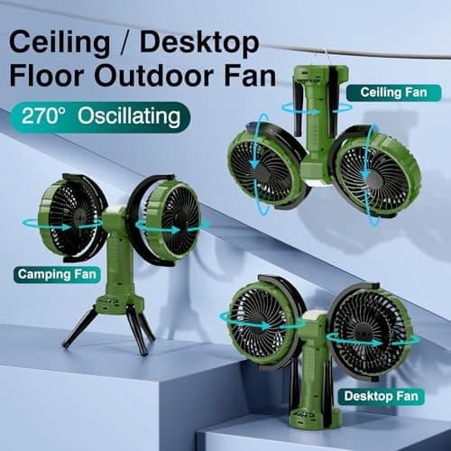 Nauttxon Outdoor Camping Fan With Light - Oscillating 10000mAh Battery Powered Fan For Camping With Hanging Hook For Beach Travel Picnic Fishing Outdoor- Green - Thumbnail 6