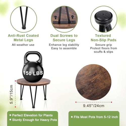 Vigordream Metal Plant Stand Indoor, Heavy Duty Planter Holder, Flower Pot Stands, Round Wood Single Plant Shelf Modern Decorations for Home, Patio Garden - Thumbnail 4