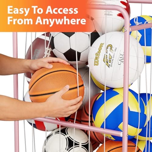 Olldide 210L 43-Inch Large Ball Storage Basket with Wheels, Rolling Cart Sports Equipment Garage Organizer with Elastic Rope for Easy Access, Holder For Basketball, Soccer, Volleyball, Football - Thumbnail 2