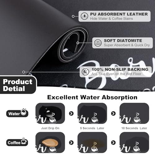 Findosom 12"x 20" Dish Drying Mat, Super Absorbent & Cuttable Coffee Mat, Hide Stain Bar Mat for Kitchen Counter, Coffee Bar Accessories, Black - Thumbnail 5