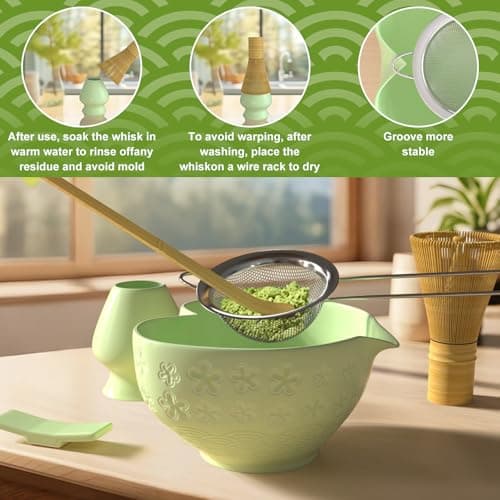 Matcha Whisk Set & Japanese Tea Set, 8PCS Ceramic Matcha Kit, Heart-shaped Matcha Bowl with Spout and Bamboo Whisk for Ceremony Matcha Lovers, Ideal Gift Christmas and Birthday (Matcha Green) - Thumbnail 3