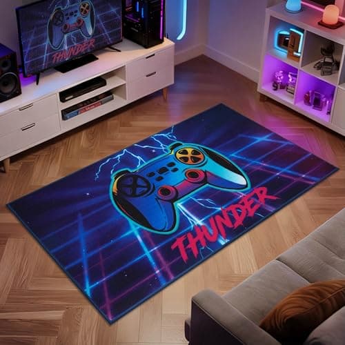 JSEI Gaming Rug for Kids Teens 32"x60", Video Game Kids Rug with Gamepad Controller Pattern, Non-Slip & Machine Washable Gaming Floor Carpet Mat for Playroom,Living Room&Bedroom, Blue - Thumbnail 4