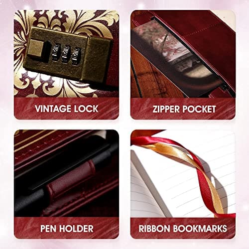 CAGIE Lock Journal for Women Vintage Refillable Diary with Lock 224 Pages Leather Locked Journal for Personal Secrets Writing with Gift Box(Red) - Thumbnail 5