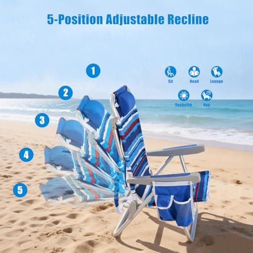 SUNNYFEEL Low Beach Chair 5 Position Lay Flat, Portable Folding Backpack Beach Chairs Heavy Duty with Cooler Bag, Cup Holder for Outdoor/Lawn/Picnic/Fishing, Foldable Camping Chair (New BlueStripe) - Thumbnail 4