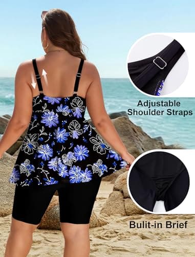 Arolina Swimming Suits for Women Two Piece Tummy Control Swimsuits Modest Swimwear with Shorts Purple Floral (26W) - Thumbnail 2