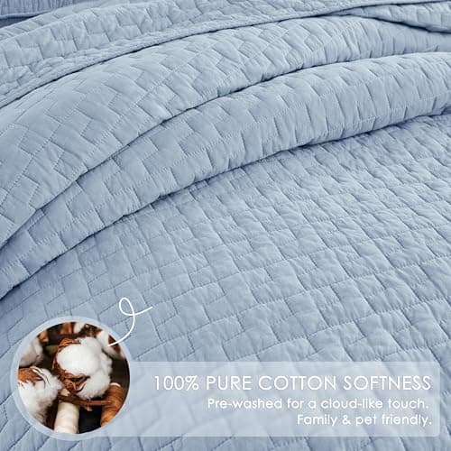 palassio Baby Blue 100% Cotton Quilt California Cal King Size Bedding Sets with 2 Pillow Shams, Textured Oversized Lightweight Bedspread Shabby Chic Coverlet, Soft Bed Cover for All Season, 3 Pieces - Thumbnail 4