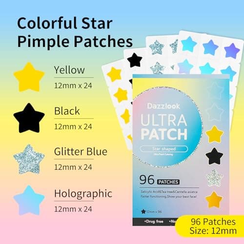 Dazzlook Star Shaped Pimple Patches with Salicylic Acid, Hydrocolloid Pimple Stickers for Blemish Care, Mix Colors, 96 Count, Fashion Blemishes Patches - Thumbnail 2