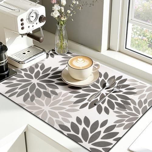 Findosom Floral Dish Drying Mat, 12" x 20" Super Absorbent & Hide Stain Coffee Mat, Cuttable Drying Mat for Kitchen Counter, Under Dish Rack, Coffee Maker, Espresso Machine, Dark Gray - Thumbnail 6