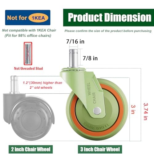 TESUMI Tangle-Free Office Chair Wheels 3" Inch Hard PA Wheels Chair Casters Replacement, Heavy Duty Quiet No Scratch Gaming Chair Wheel for Hardwood Floor Carpet, Set of 5, Universal Fit/Not for 1KEA - Thumbnail 3