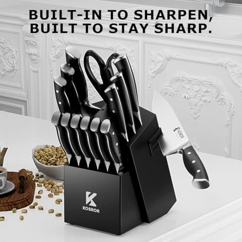 KOSROR Kitchen Knife Set with Block: 15-Piece German Stainless Steel with Dual Sharpener for Beginners - Covers 95% Kitchen Tasks - Black Full-Tang Ergonomic Handle, Dishwasher Safe, Easy to Use - Thumbnail 5