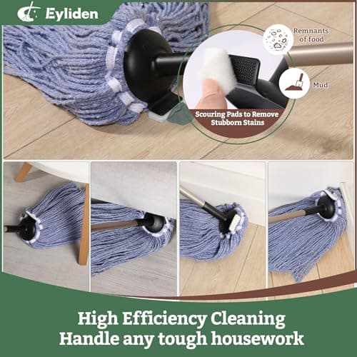 Eyliden String Mop, Wet & Dry Cotton Mop | Non-Touch Replacement, 2 Reusable Heads, 4 Scouring Pads, Adjustable Handle, Home Commercial Floor Cleaning Tools for Any Surfaces (Blue) - Thumbnail 3