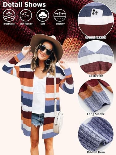 ECOWISH Women Cardigan Sweaters Long Floral Striped Winter Long Sleeve Kimono Open Front Cozy Knitted Daisy Fuzzy Outwear Pocket - Thumbnail 4