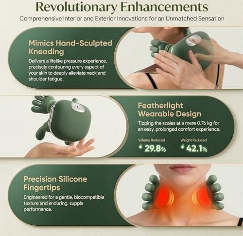 HyHaven Bionic Neck and Shoulder Massager, N7 Real Hand Massagers with Fingers Heated for Back Muscle Pain Relief, Portable & Lightweight Design, Touch Gift (Eucalyptus Green) - Thumbnail 5