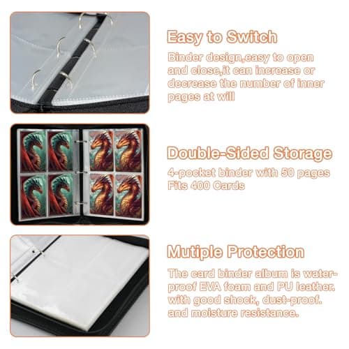 Trading Card Binder 4 Pocket, Fits 400 Cards with 50 Removable Sleeves, Portable TCG Album Folder for Standard Size Game Cards, Sports Card Holder Book for Collectors, Stormwing - Thumbnail 5