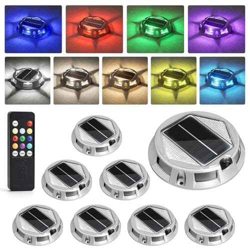 VOLISUN Solar Driveway Lights with Remote Control 8 Pack, 9-Color Changing & 12 Modes IP68 Waterproof for Marine Dock Deck and Pathway Walkway Garden, RGB LED Outdoor Markers Landscape