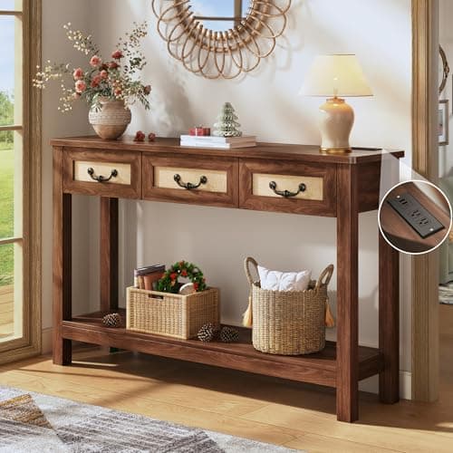 HUAHUU 47.2" Console Table with 3 Rattan Drawers, Long Sofa Table with Storage Behind Couch, Farmhouse Entryway Table with Power Outlet & Open Storage for Entrance/Hallway/Foyer/Living Room, Walnut - Image 1