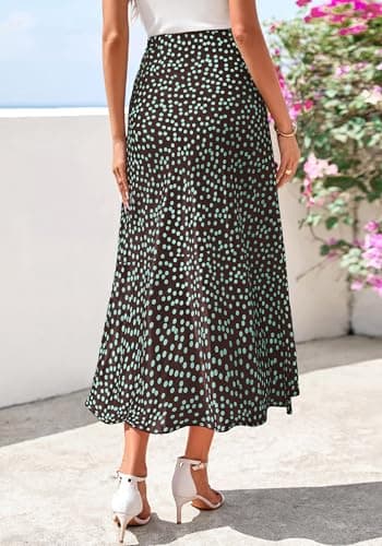 BTFBM Satin Skirts for Women 2025 Fall High Waisted A-Line Leopard Print Cocktail Wedding Long Silk Summer Midi Skirt(Dot Coffee Green, Medium) - Thumbnail 3