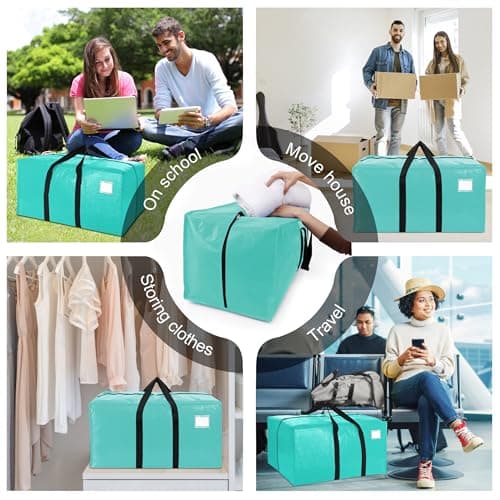 VELVETSURE 6 Pack Heavy Duty Large Moving Bags W/Backpack Straps - Strong Handles & Zippers, Storage Totes For Space Saving, Fold Flat, Alternative to Moving Box and Storage Bin, Aquamarine - Thumbnail 6