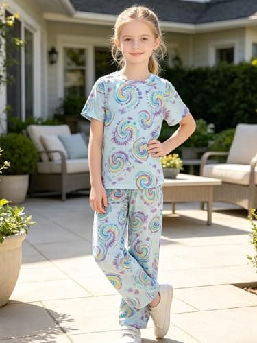 LUCKYLI Girls Summer Outfits Rainbow Spiral Tie Dye Style Short Sleeve Tops and Long Pants 2 Piece Fashion Clothing Sets 4-12Y (White/Rainbow, 9-10Y) - Thumbnail 2