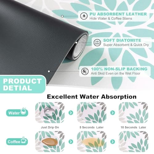 Findosom Floral Dish Drying Mat, 12" x 20" Super Absorbent & Hide Stain Coffee Mat, Cuttable Drying Mat for Kitchen Counter, Under Dish Rack, Coffee Maker, Espresso Machine, Teal - Thumbnail 3