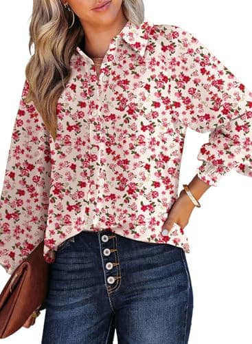 Dokotoo Womens Long Sleeve Tops for Women Work Business Button Down Ladies Blouses and Tops Loose Fit Dressy Allover Floral Print V Neck Office Boho Tunic Top 2026 Trendy Fall Outfits Red Large - Image 1