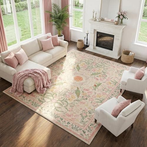 Cnythlis 6'x9' Bohemian Floral Large Area Rug, Washable Non-Slip Silicone Backing Living Room Rug, 0.26" Low Pile Faux Wool Stain Resistant Carpet for Bedroom Dining Room Home Office, Garden Pink - Image 1