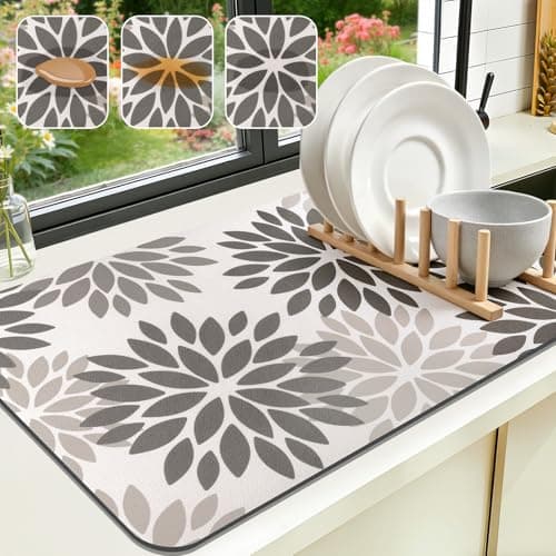 Findosom Floral Dish Drying Mat, 12" x 20" Super Absorbent & Hide Stain Coffee Mat, Cuttable Drying Mat for Kitchen Counter, Under Dish Rack, Coffee Maker, Espresso Machine, Dark Gray - Image 1