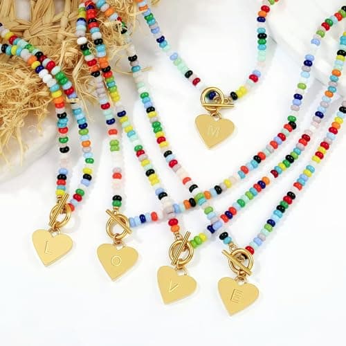 ARZASGO Initial Necklace for Women - Colorful Beaded Necklace Love Initial Letter Pendant Choker, Personalized A-Z Letter Necklaces Jewelry Gift - Thumbnail 6