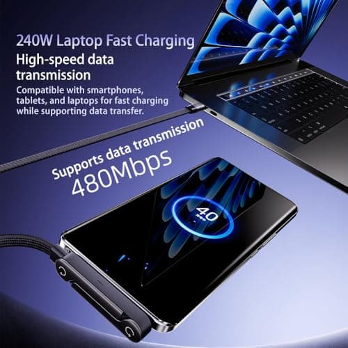 ENSFTF 240W Braided Fast Charge Cable, 90° Right Angle Type-C to Type-C Cord, Durable Foldable Charger Cable for Data Sync - 2-in-1 with Built-in Adjustable Phone Stand - Thumbnail 6